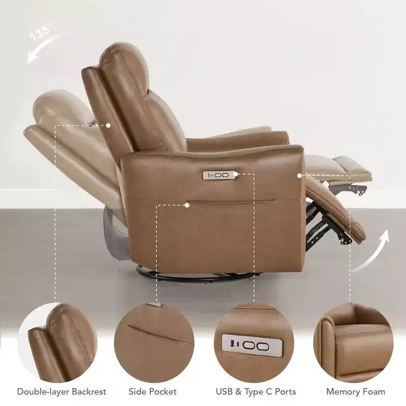 Fauteuil inclinable motorisé pivotant et glissant, gris clair et couleur selle, une place