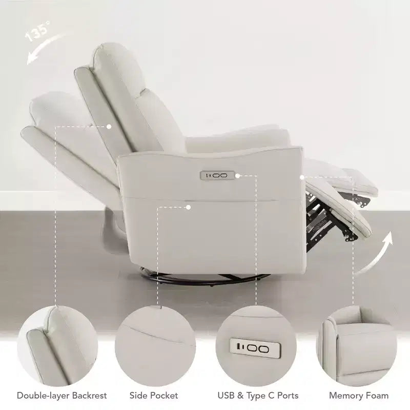 Fauteuil inclinable motorisé pivotant et glissant, gris clair et couleur selle, une place