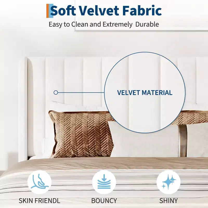 Cadre de lit plateforme en velours beige avec têtes d'ailes, capitonnage vertical, Double/Grand.