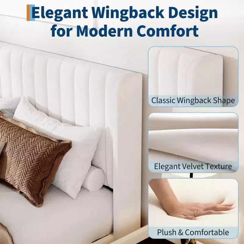 Cadre de lit plateforme en velours beige avec têtes d'ailes, capitonnage vertical, Double/Grand.