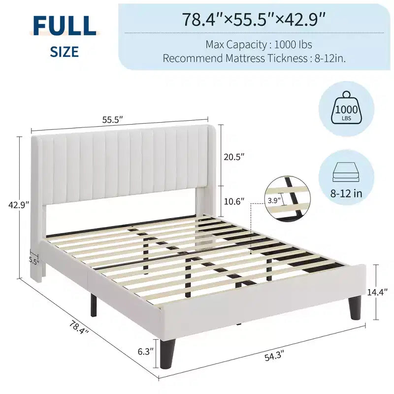 Cadre de lit plateforme en velours beige avec têtes d'ailes, capitonnage vertical, Double/Grand.
