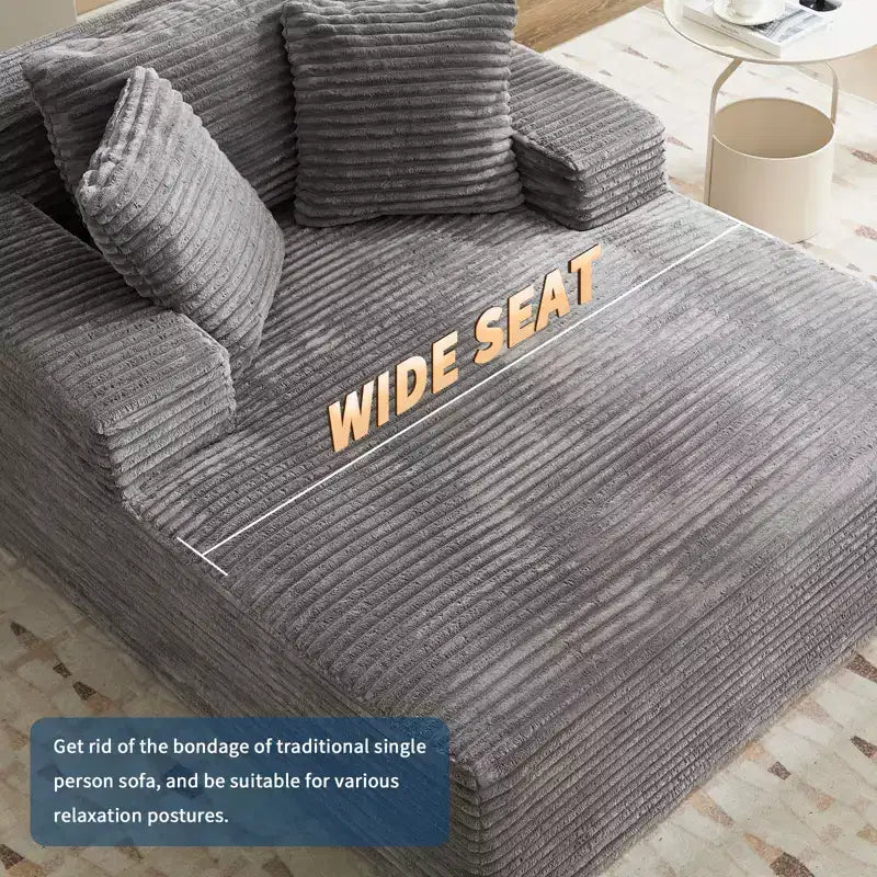 Méridienne en velours côtelé gris pour 1 personne, avec 3 coussins décoratifs