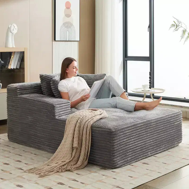 Méridienne en velours côtelé gris pour 1 personne, avec 3 coussins décoratifs