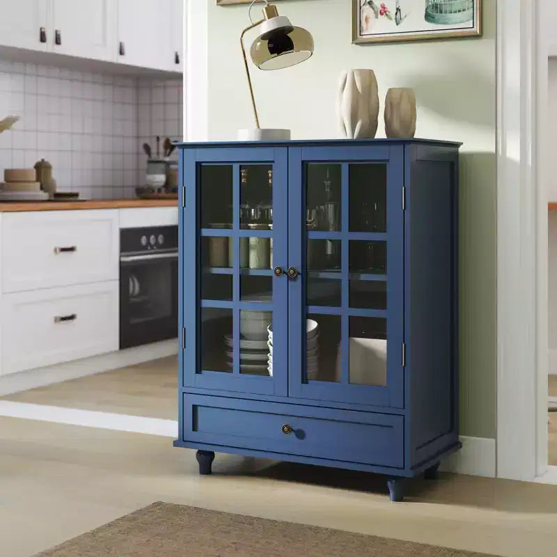 Meuble de rangement vert/noir/bleu avec portes vitrées, 2 portes et 1 tiroir, pour 1 personne
