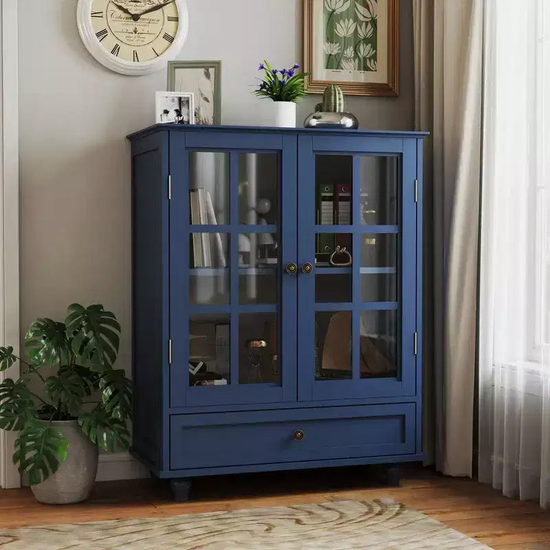 Meuble de rangement vert/noir/bleu avec portes vitrées, 2 portes et 1 tiroir, pour 1 personne