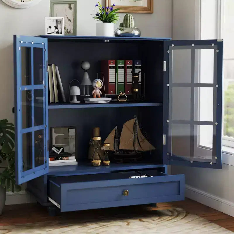 Meuble de rangement vert/noir/bleu avec portes vitrées, 2 portes et 1 tiroir, pour 1 personne
