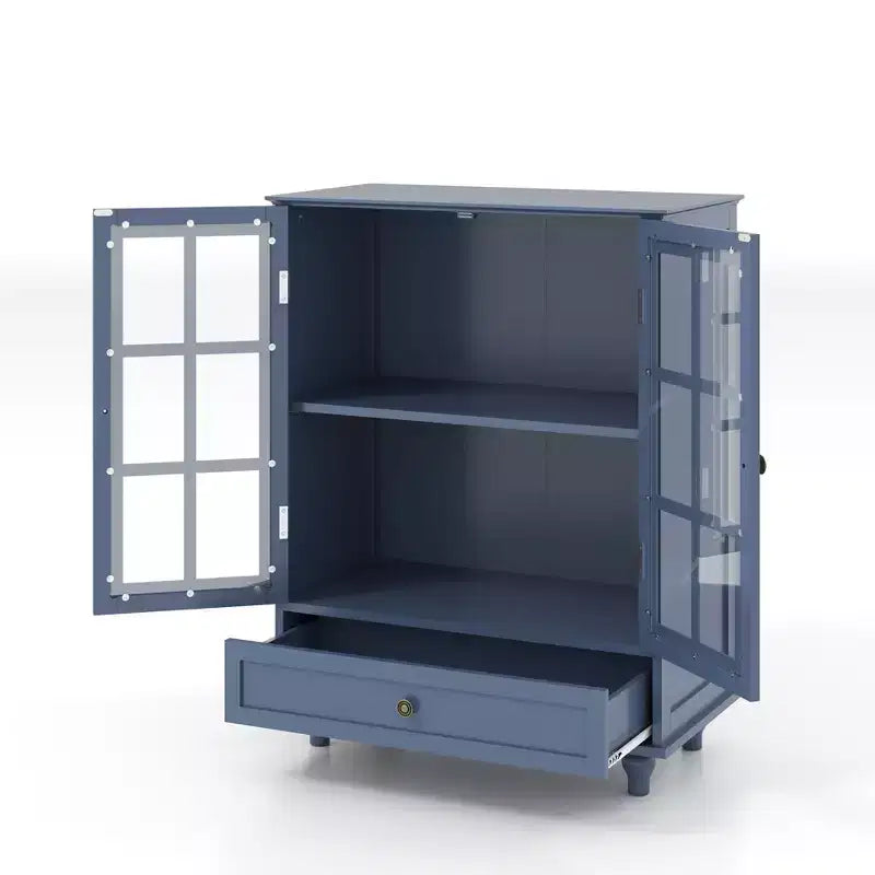 Meuble de rangement vert/noir/bleu avec portes vitrées, 2 portes et 1 tiroir, pour 1 personne