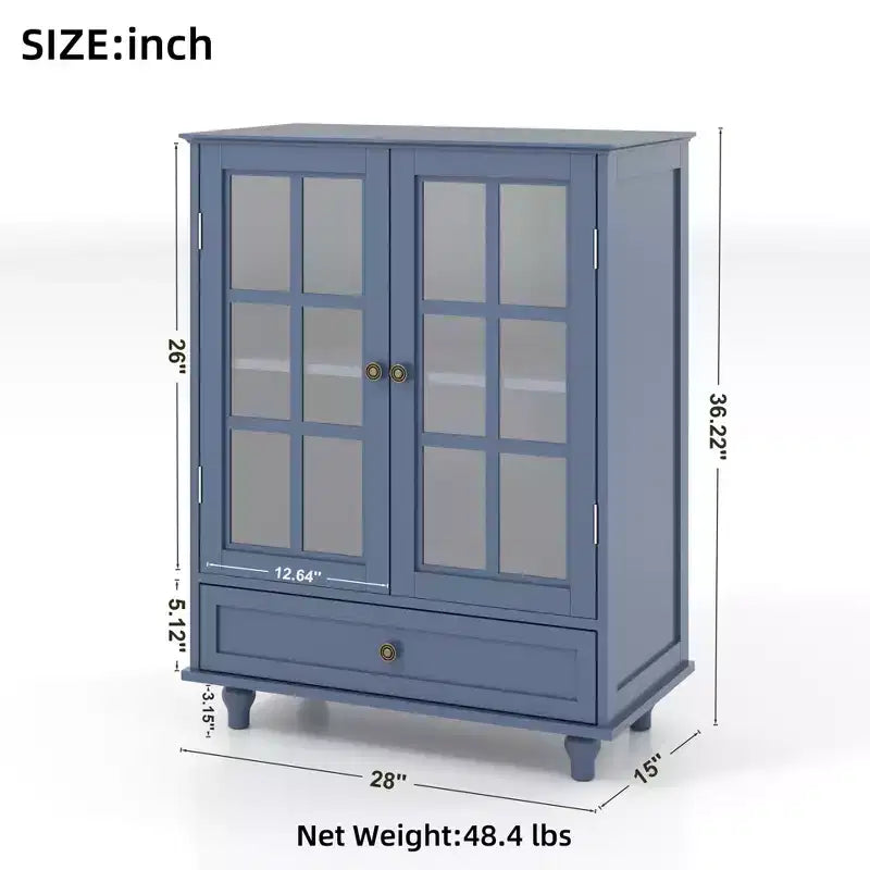 Meuble de rangement vert/noir/bleu avec portes vitrées, 2 portes et 1 tiroir, pour 1 personne