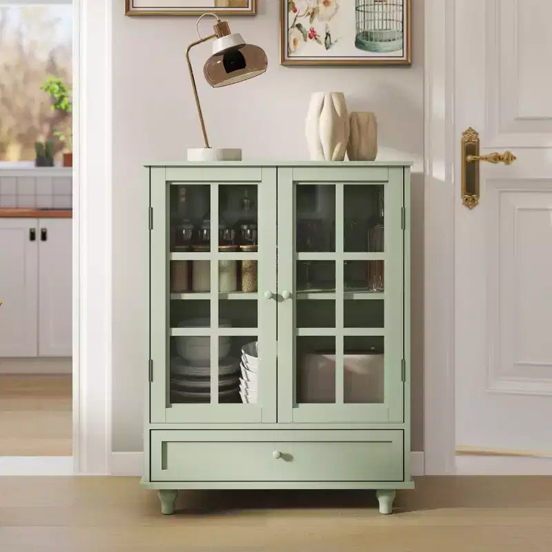 Meuble de rangement vert/noir/bleu avec portes vitrées, 2 portes et 1 tiroir, pour 1 personne