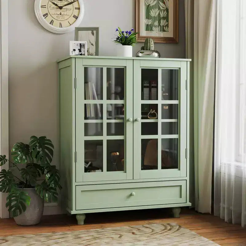 Meuble de rangement vert/noir/bleu avec portes vitrées, 2 portes et 1 tiroir, pour 1 personne