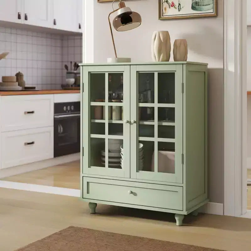 Meuble de rangement vert/noir/bleu avec portes vitrées, 2 portes et 1 tiroir, pour 1 personne