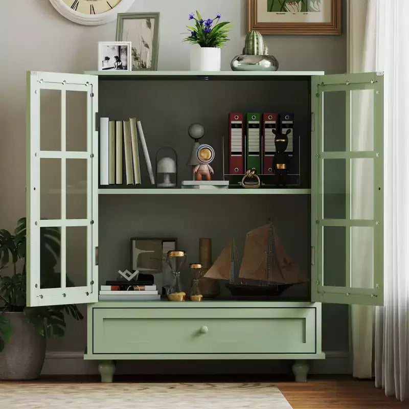 Meuble de rangement vert/noir/bleu avec portes vitrées, 2 portes et 1 tiroir, pour 1 personne