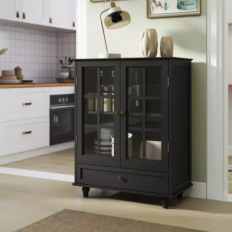 Meuble de rangement vert/noir/bleu avec portes vitrées, 2 portes et 1 tiroir, pour 1 personne