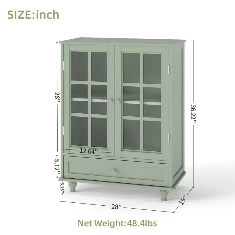 Meuble de rangement vert/noir/bleu avec portes vitrées, 2 portes et 1 tiroir, pour 1 personne
