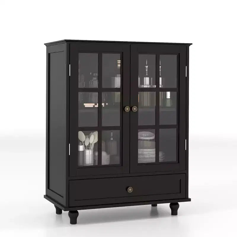 Meuble de rangement vert/noir/bleu avec portes vitrées, 2 portes et 1 tiroir, pour 1 personne