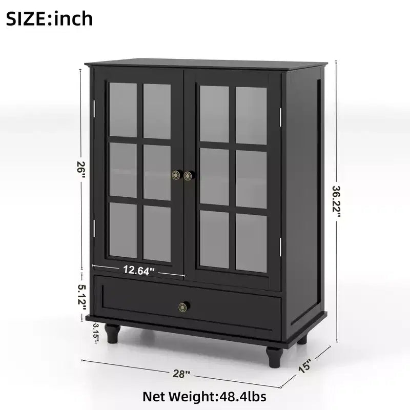Meuble de rangement vert/noir/bleu avec portes vitrées, 2 portes et 1 tiroir, pour 1 personne