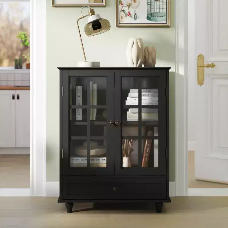 Meuble de rangement vert/noir/bleu avec portes vitrées, 2 portes et 1 tiroir, pour 1 personne