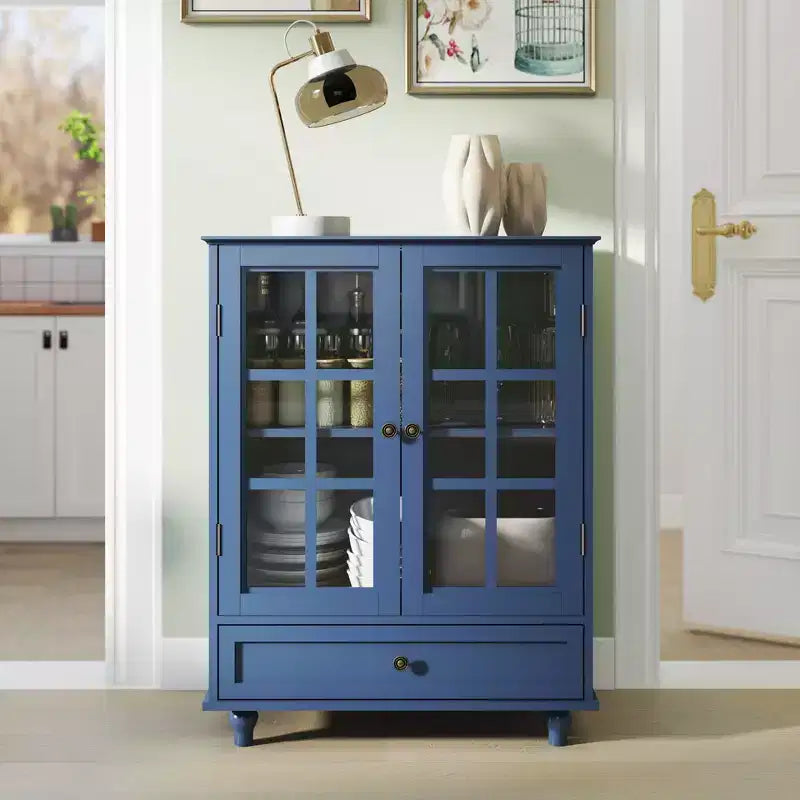 Meuble de rangement vert/noir/bleu avec portes vitrées, 2 portes et 1 tiroir, pour 1 personne