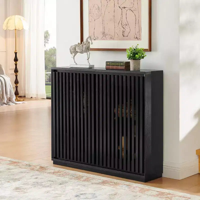 Buffet/armoire de rangement mi-siècle noir/noyer avec 2 portes à lattes et 2 étagères, pour 1 personne