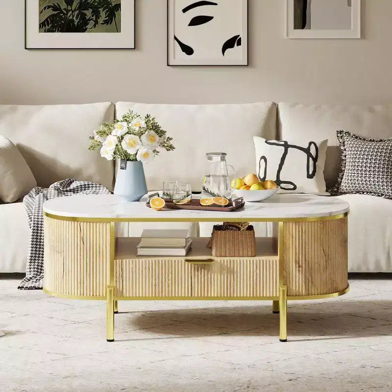 Table basse ovale bleue avec tiroir et étagère, 1 place