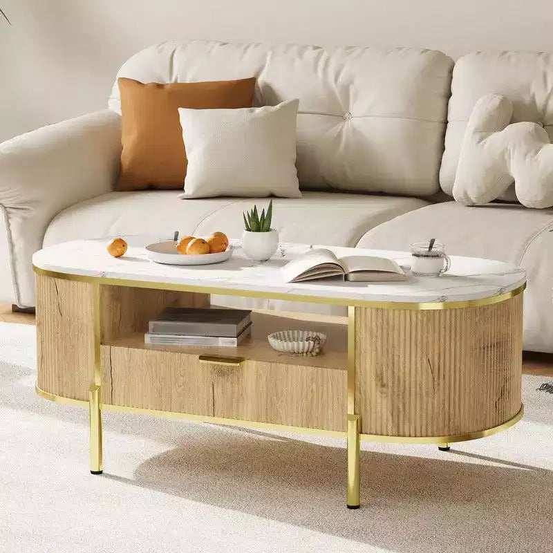 Table basse ovale bleue avec tiroir et étagère, 1 place