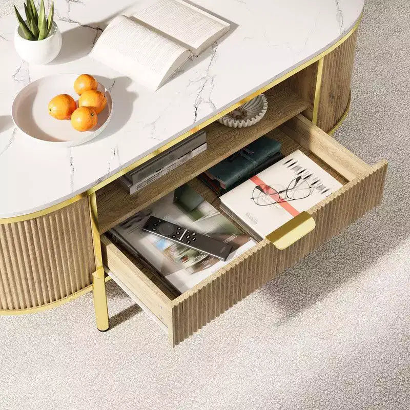 Table basse ovale bleue avec tiroir et étagère, 1 place