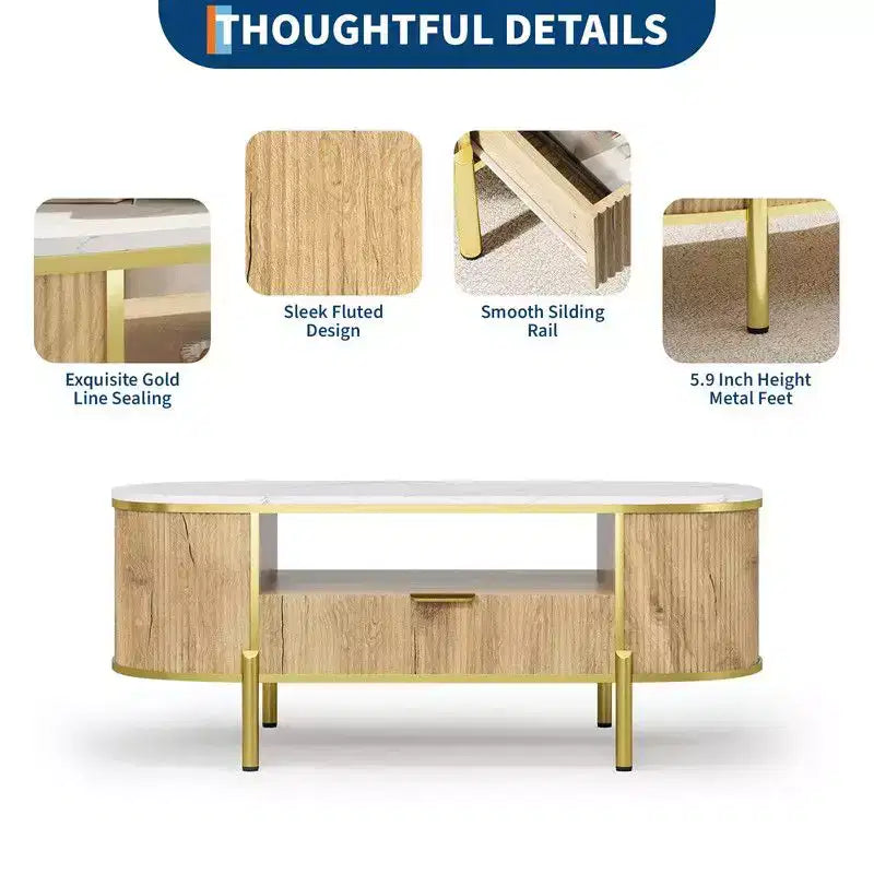 Table basse ovale bleue avec tiroir et étagère, 1 place