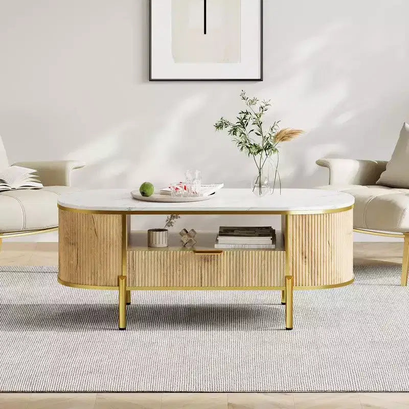 Table basse ovale bleue avec tiroir et étagère, 1 place