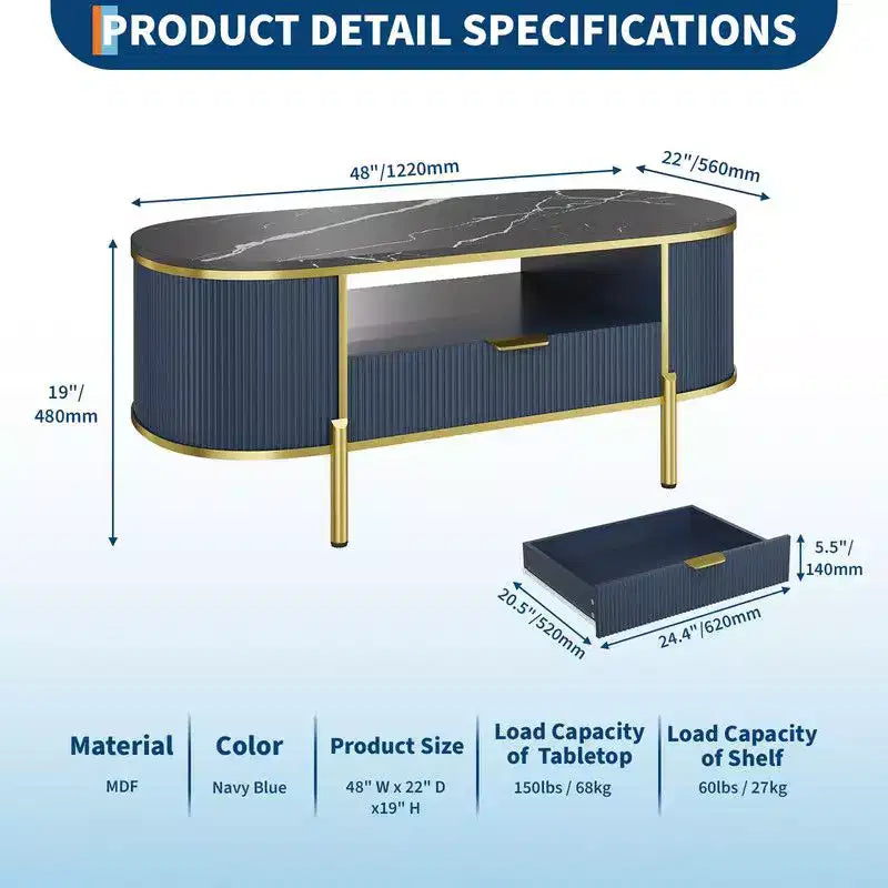 Table basse ovale bleue avec tiroir et étagère, 1 place