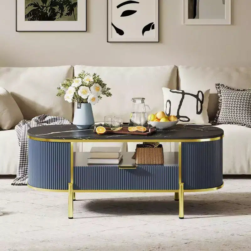 Table basse ovale bleue avec tiroir et étagère, 1 place