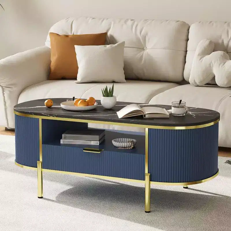 Table basse ovale bleue avec tiroir et étagère, 1 place