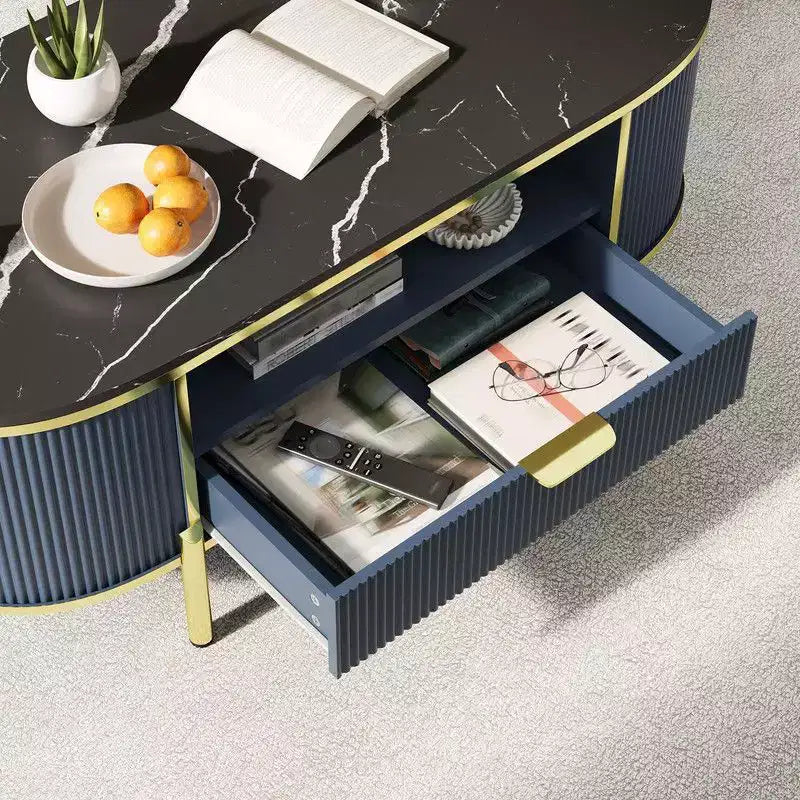 Table basse ovale bleue avec tiroir et étagère, 1 place