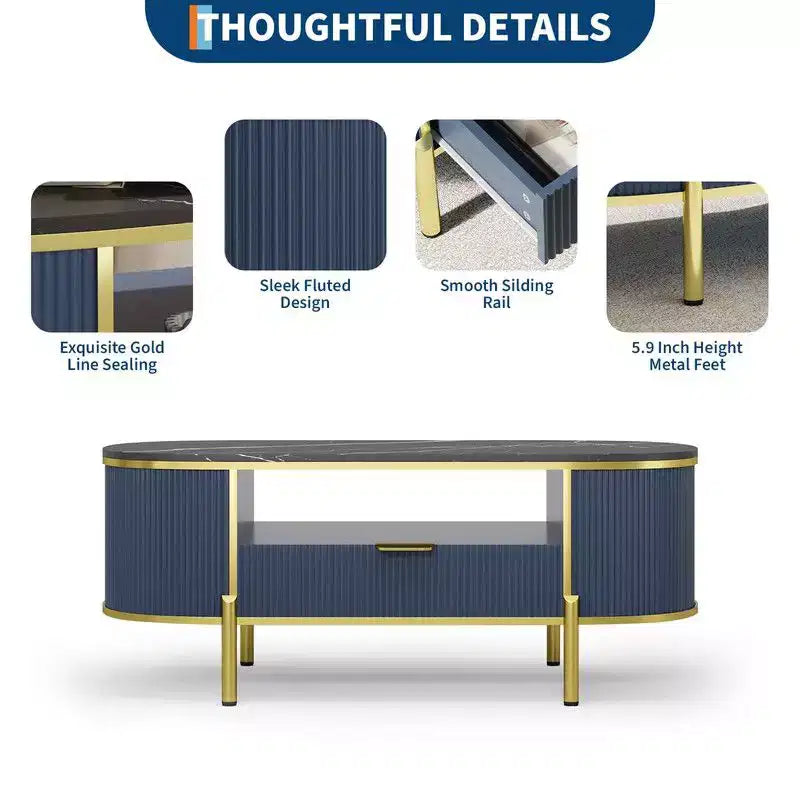 Table basse ovale bleue avec tiroir et étagère, 1 place
