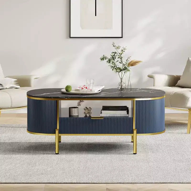 Table basse ovale bleue avec tiroir et étagère, 1 place