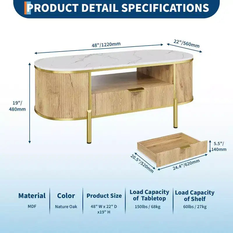 Table basse ovale bleue avec tiroir et étagère, 1 place