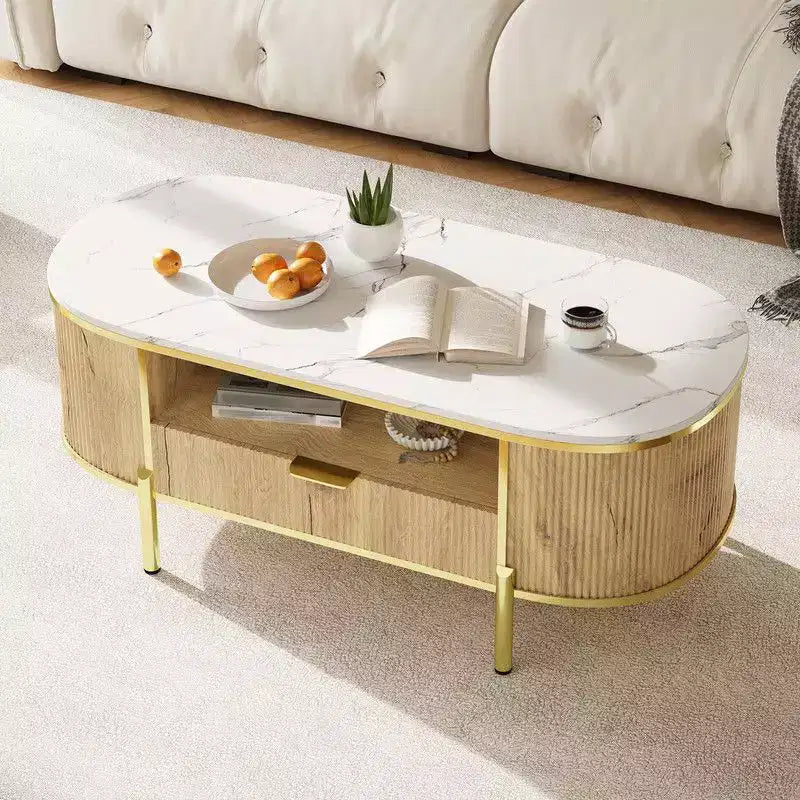 Table basse ovale bleue avec tiroir et étagère, 1 place