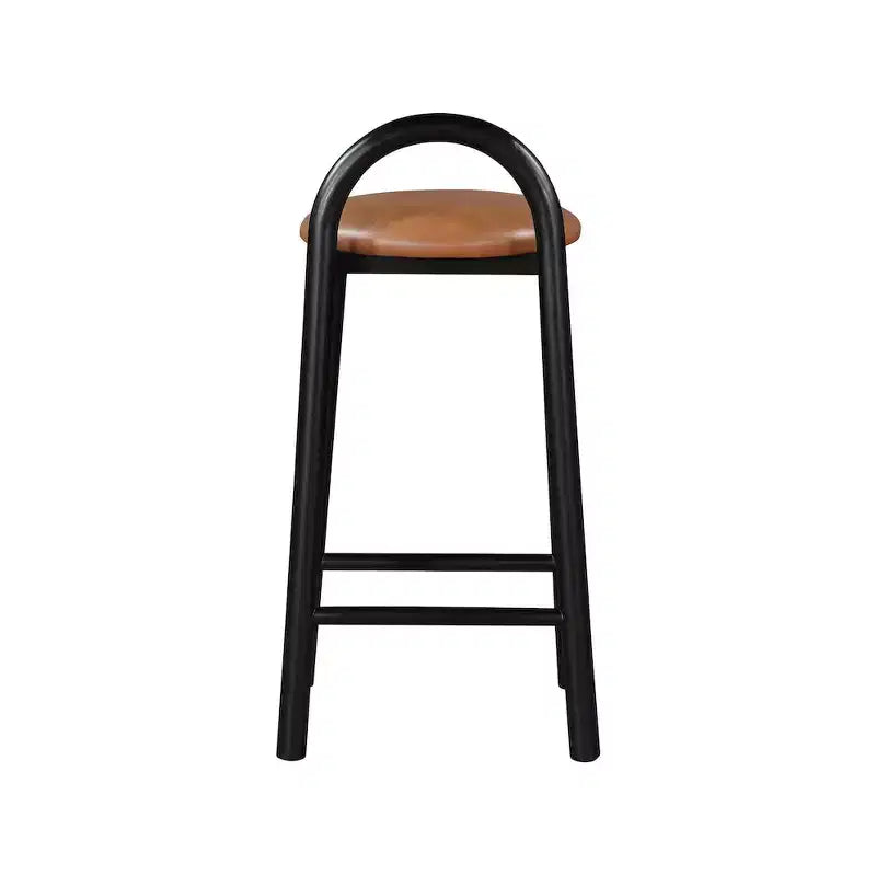 Tabouret de comptoir en similicuir Cognac, dossier bas, structure en bois noir, 1 place