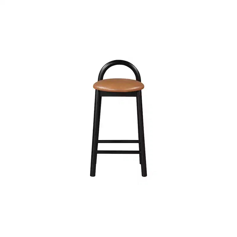 Tabouret de comptoir en similicuir Cognac, dossier bas, structure en bois noir, 1 place