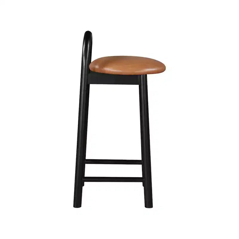 Tabouret de comptoir en similicuir Cognac, dossier bas, structure en bois noir, 1 place