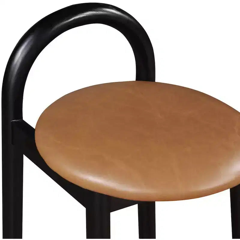 Tabouret de comptoir en similicuir Cognac, dossier bas, structure en bois noir, 1 place