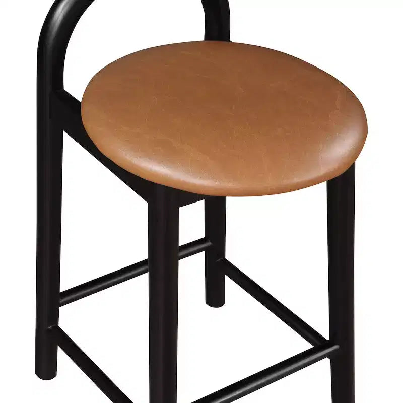 Tabouret de comptoir en similicuir Cognac, dossier bas, structure en bois noir, 1 place