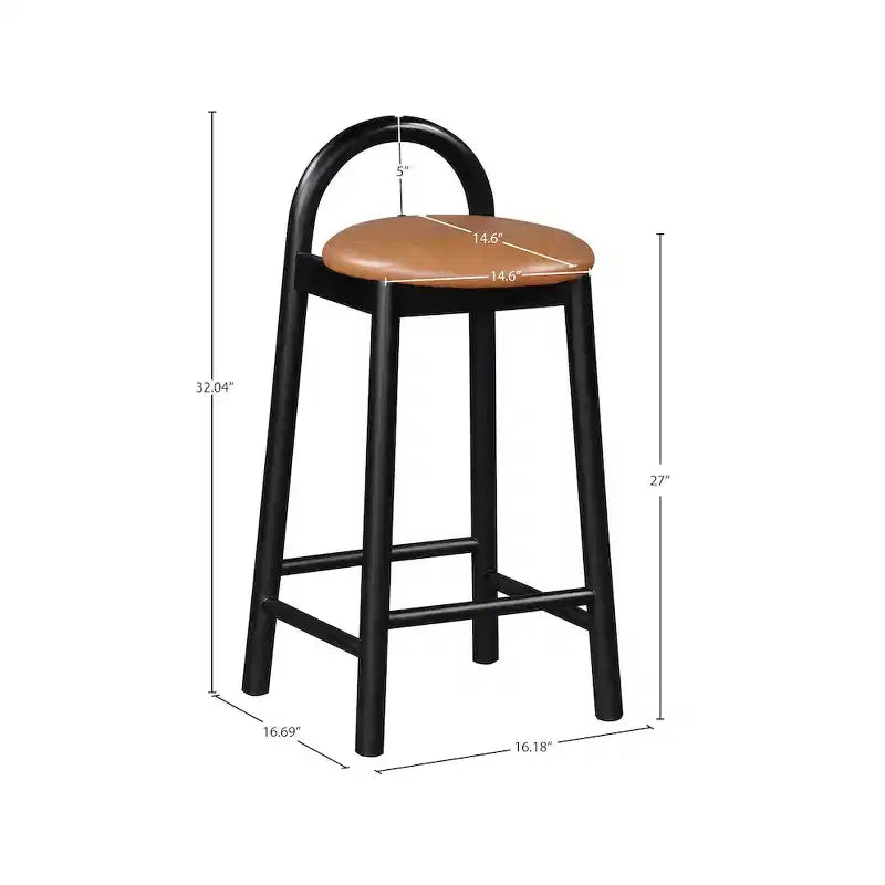 Tabouret de comptoir en similicuir Cognac, dossier bas, structure en bois noir, 1 place