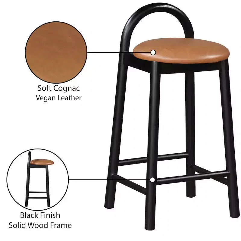 Tabouret de comptoir en similicuir Cognac, dossier bas, structure en bois noir, 1 place