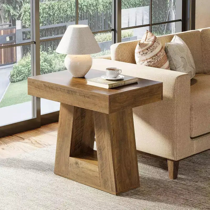 Table d'appoint à 2 niveaux de style campagnard, marron, avec base trapézoïdale