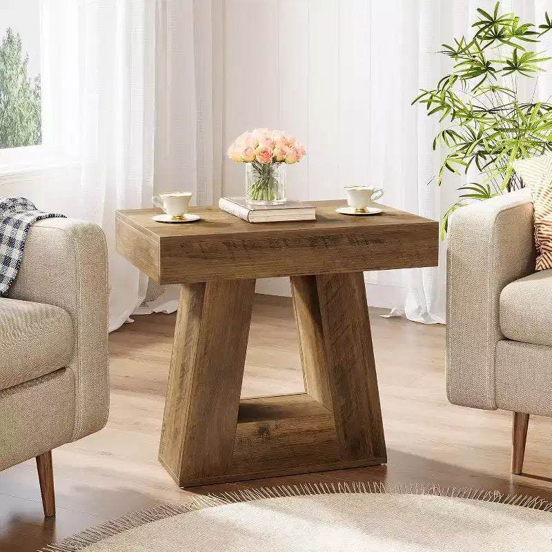 Table d'appoint à 2 niveaux de style campagnard, marron, avec base trapézoïdale