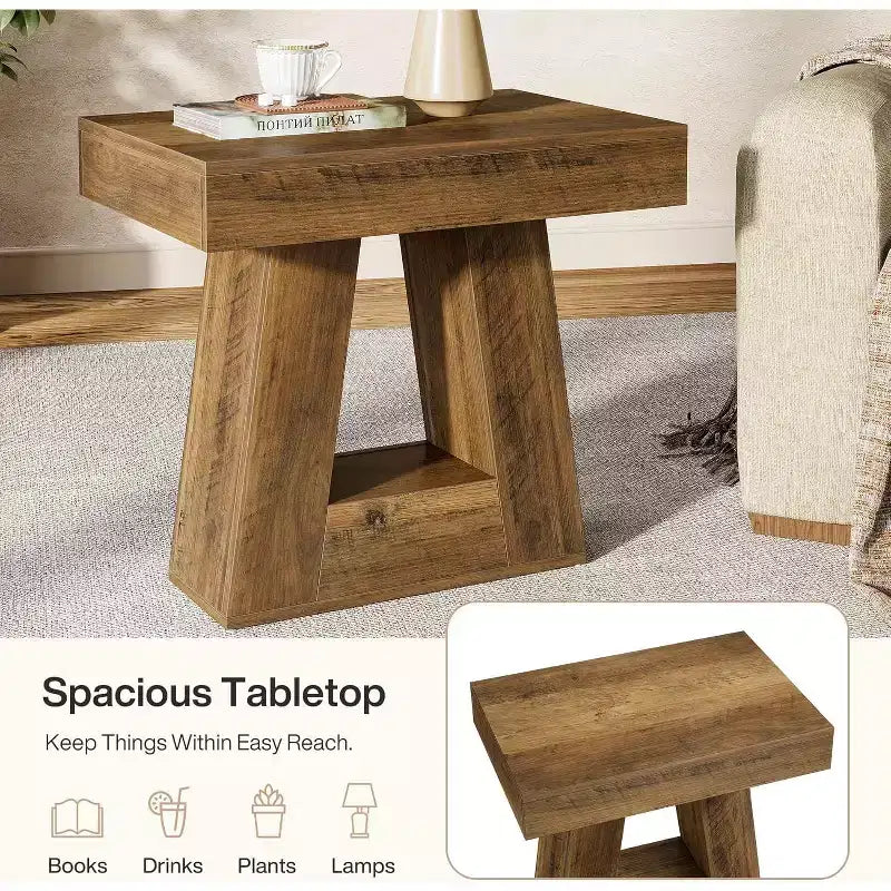 Table d'appoint à 2 niveaux de style campagnard, marron, avec base trapézoïdale