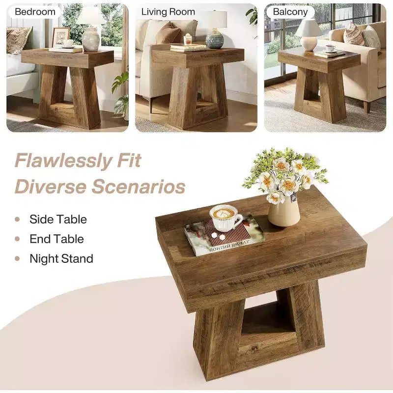 Table d'appoint à 2 niveaux de style campagnard, marron, avec base trapézoïdale