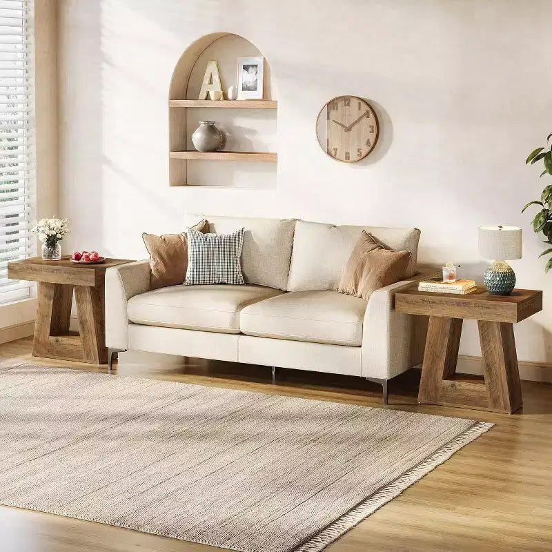 Table d'appoint à 2 niveaux de style campagnard, marron, avec base trapézoïdale