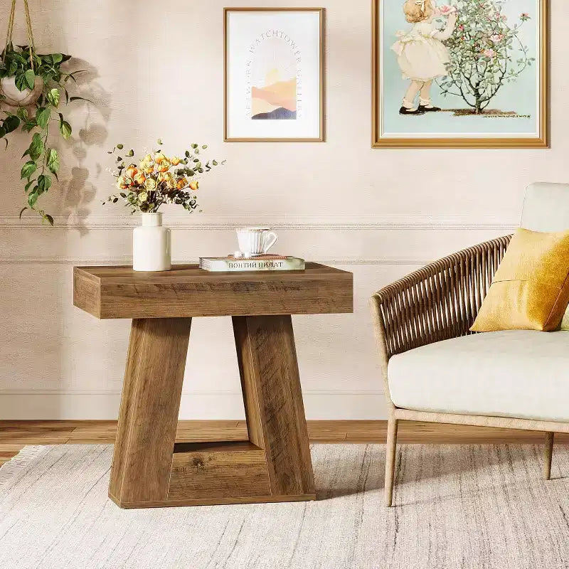 Table d'appoint à 2 niveaux de style campagnard, marron, avec base trapézoïdale