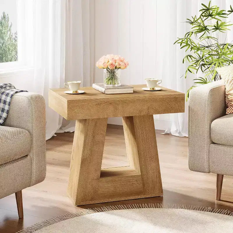 Table d'appoint à 2 niveaux de style campagnard, marron, avec base trapézoïdale